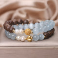 Natural agarwood opal double ring bracelet with light blue crystal lotus seedpod centrepiece, women's ethnic style