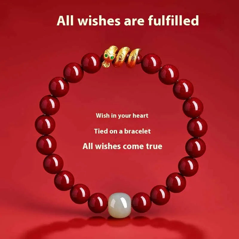 Handmade red cinnabar bracelet with snake zodiac beads, shown in 6mm and 8mm size options.