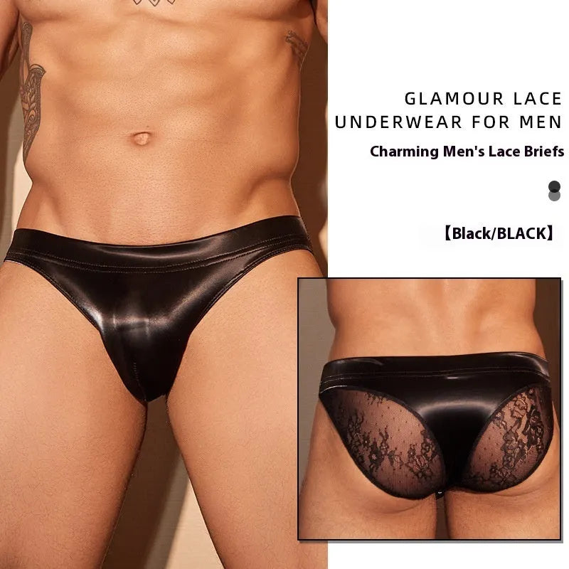 Men's black and white shark skin lace briefs showing textured polyester fabric construction