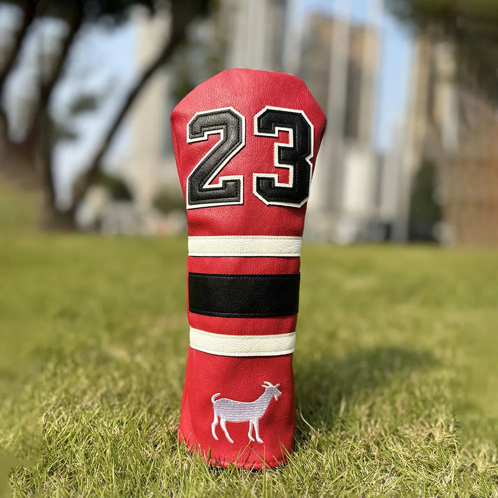 Ram No 1 golf club headcover set showing red, black, white, and yellow PU iron covers and a square putter sleeve.