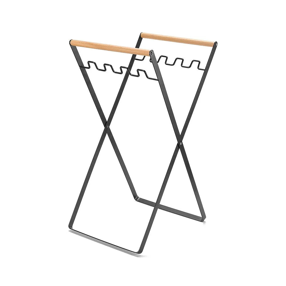 Wooden handle wrought iron folding outdoor trash storage hanger in black or white finish