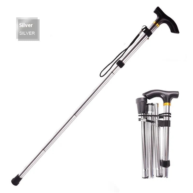 Aluminium folding walking cane extended to show height adjustment with non-slip handle