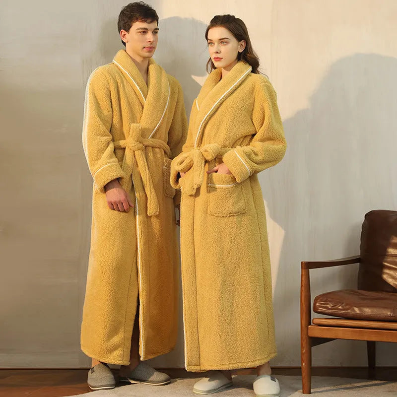 Men's and women's thick flannel bathrobe couple set in winter colours with extended plus sizing