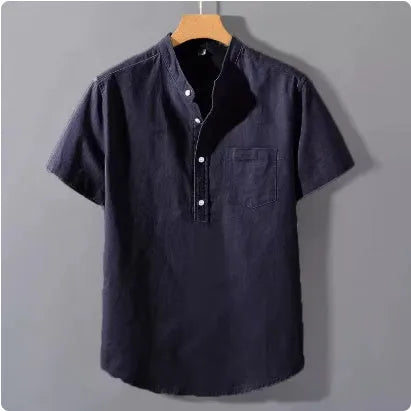 Men's beige linen casual shirt with stand collar and short sleeves in loose fit