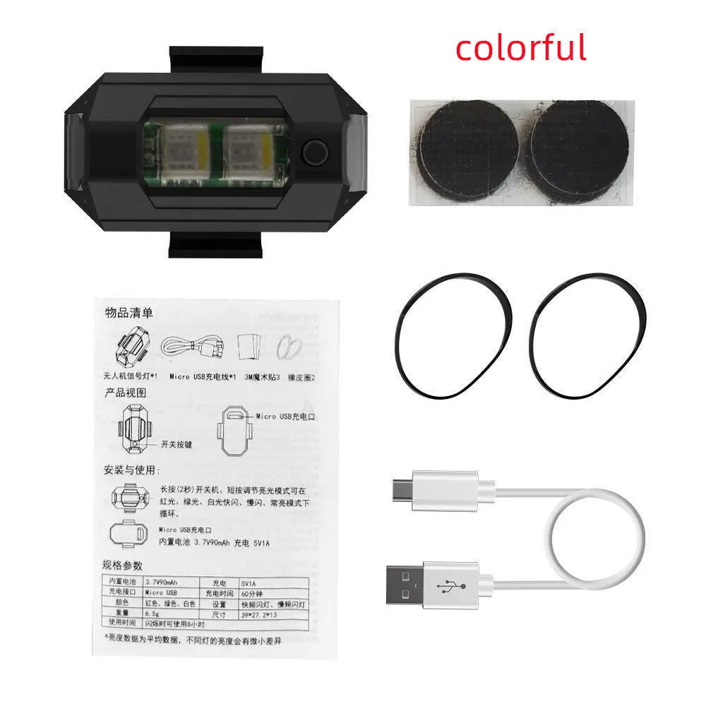 Drone signal light with RGB LED system showing multiple colours, includes mounting tape and ring belts