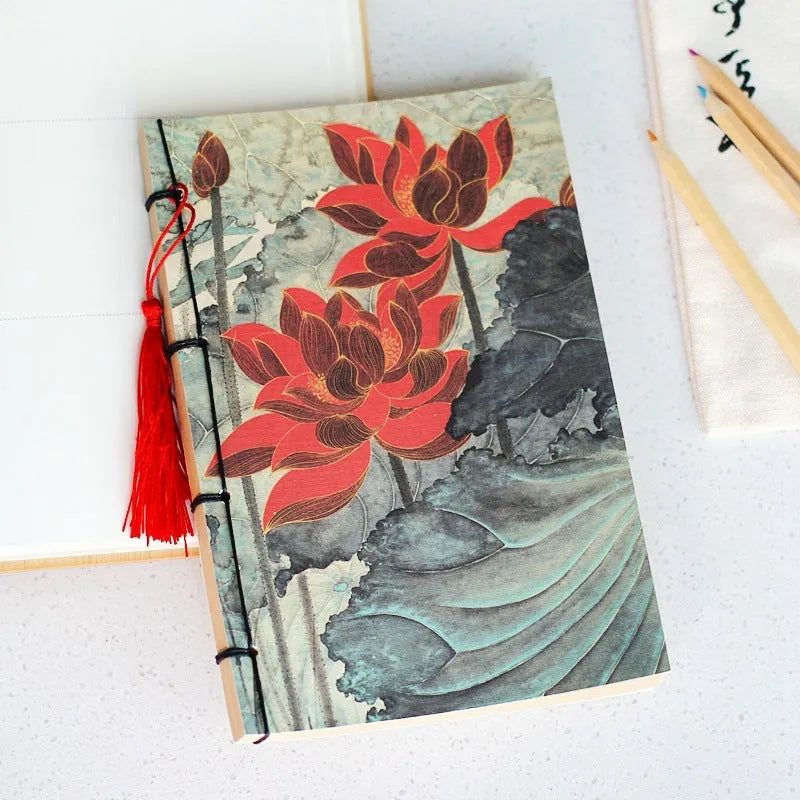 A5 antique wire-bound notebook with retro painting cover, wax rope binding, and tassels