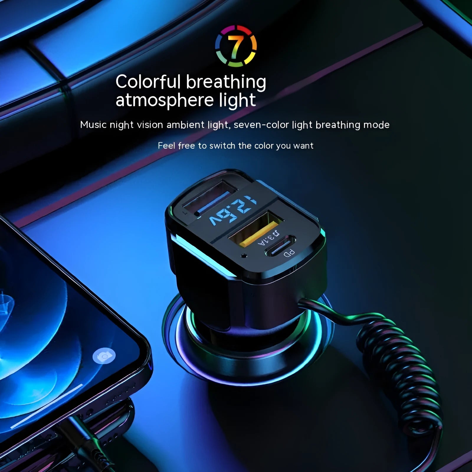 Black car 3-in-1 spring wire fast charge mobile phone charging plug with cable for 12-24V vehicles
