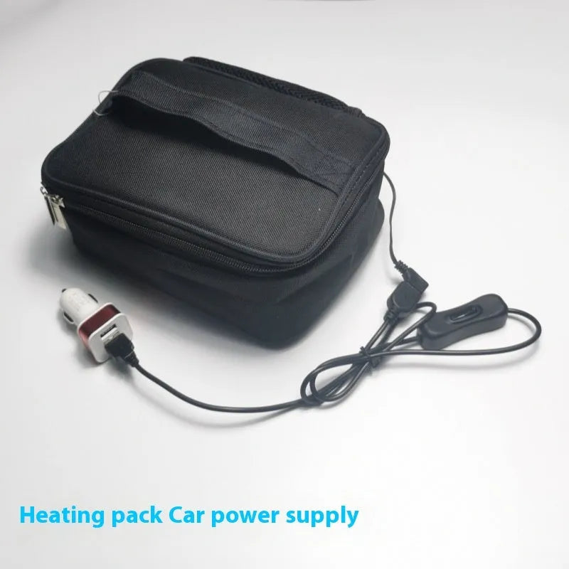 USB heating lunch bag in black Oxford cloth with power cord and thermal interior