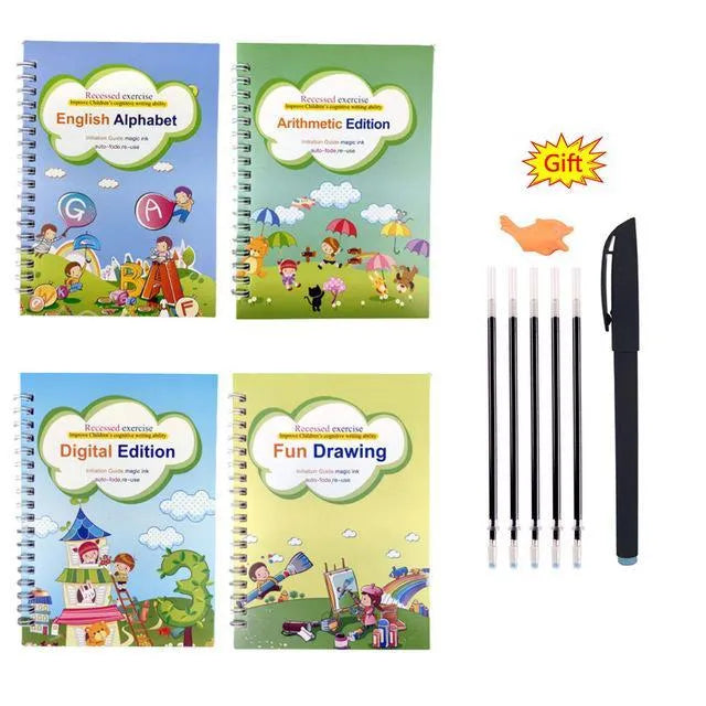 Magic calligraphy set with four spellbooks, pen and refills showing square 3D slot design