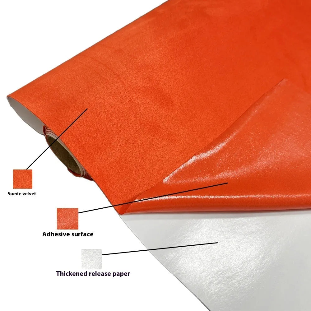 Rolls and sheets of coloured self-adhesive suede leather material for DIY projects.