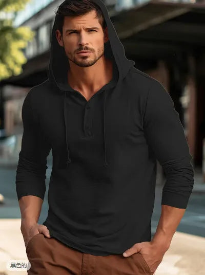 Men's cotton pullover hoodie in dark blue colour showing long sleeves and casual sports style