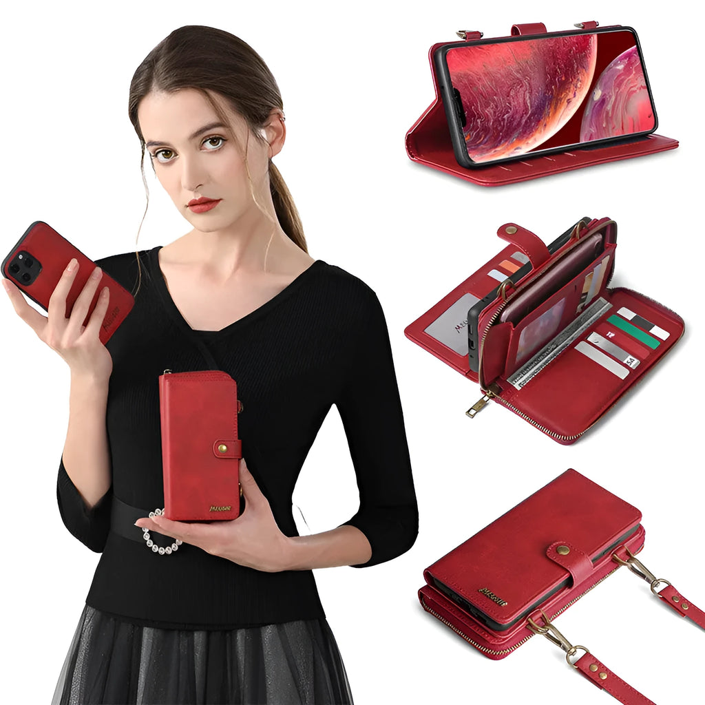Black detachable magnetic wallet phone case for iPhone and Samsung Galaxy Note models on a table.
