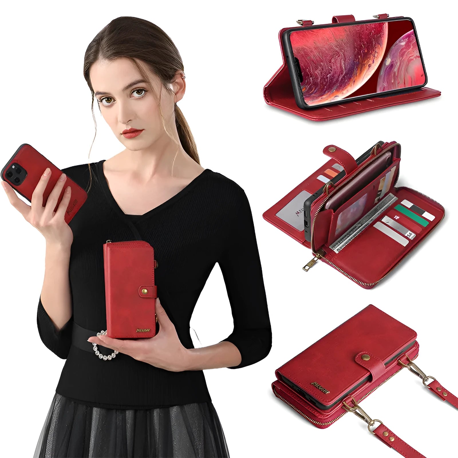 Black detachable magnetic wallet phone case for iPhone and Samsung Galaxy Note models on a table.