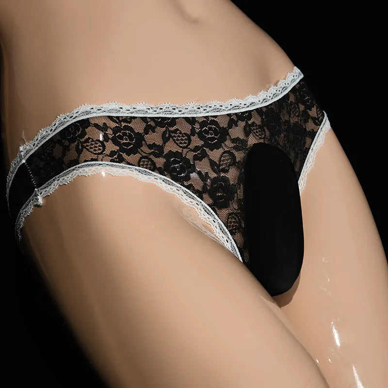 Qing He men's lace underwear briefs with vertical bag egg design in black colour.