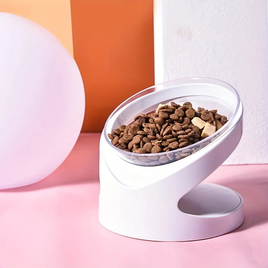White elevated clear cat food bowl with anti-vomit tilt design