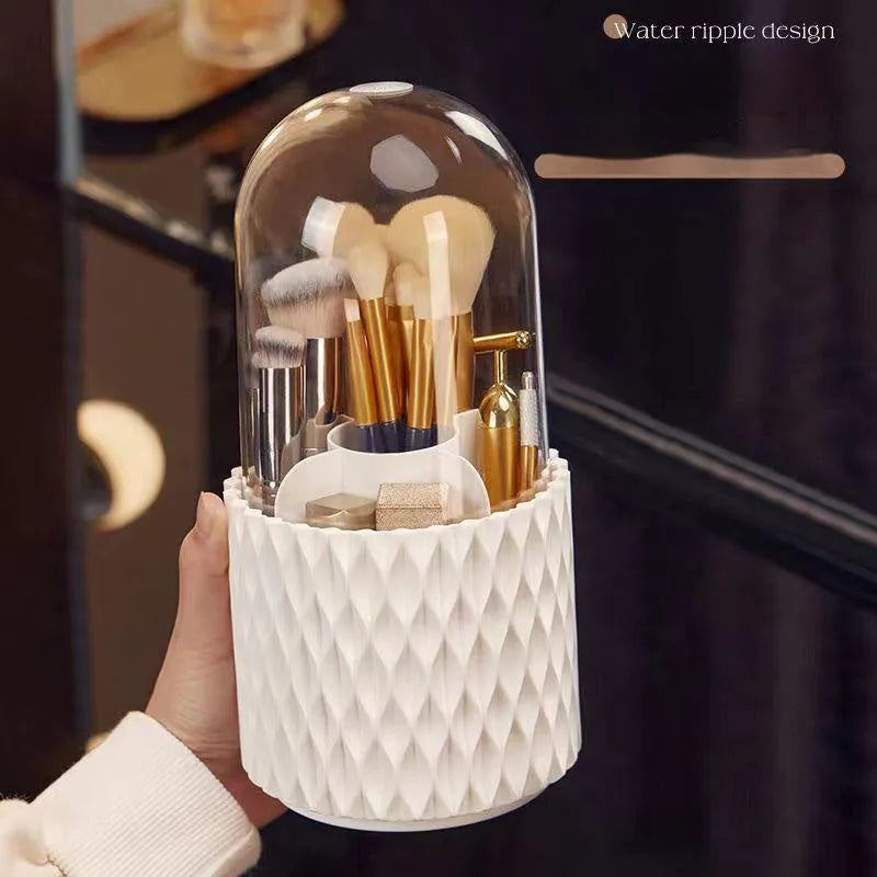 White rotating acrylic makeup brush storage box with transparent walls and dustproof lid