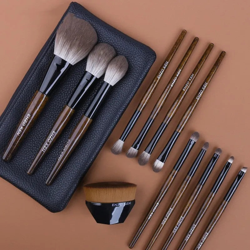 12-piece makeup brush set with wooden handles in PU storage roll