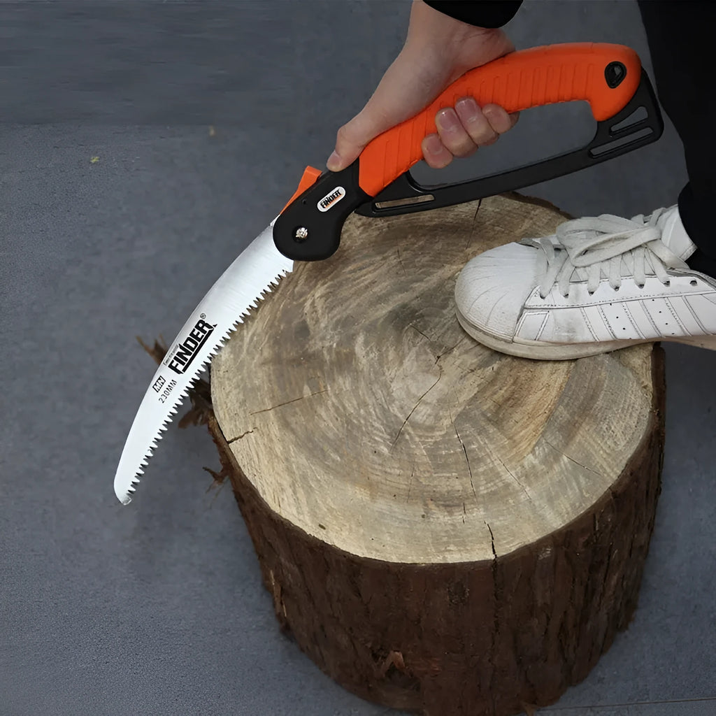 A folding garden hand saw with a black TPR grip and a silver 230mm steel blade, shown both open and closed.