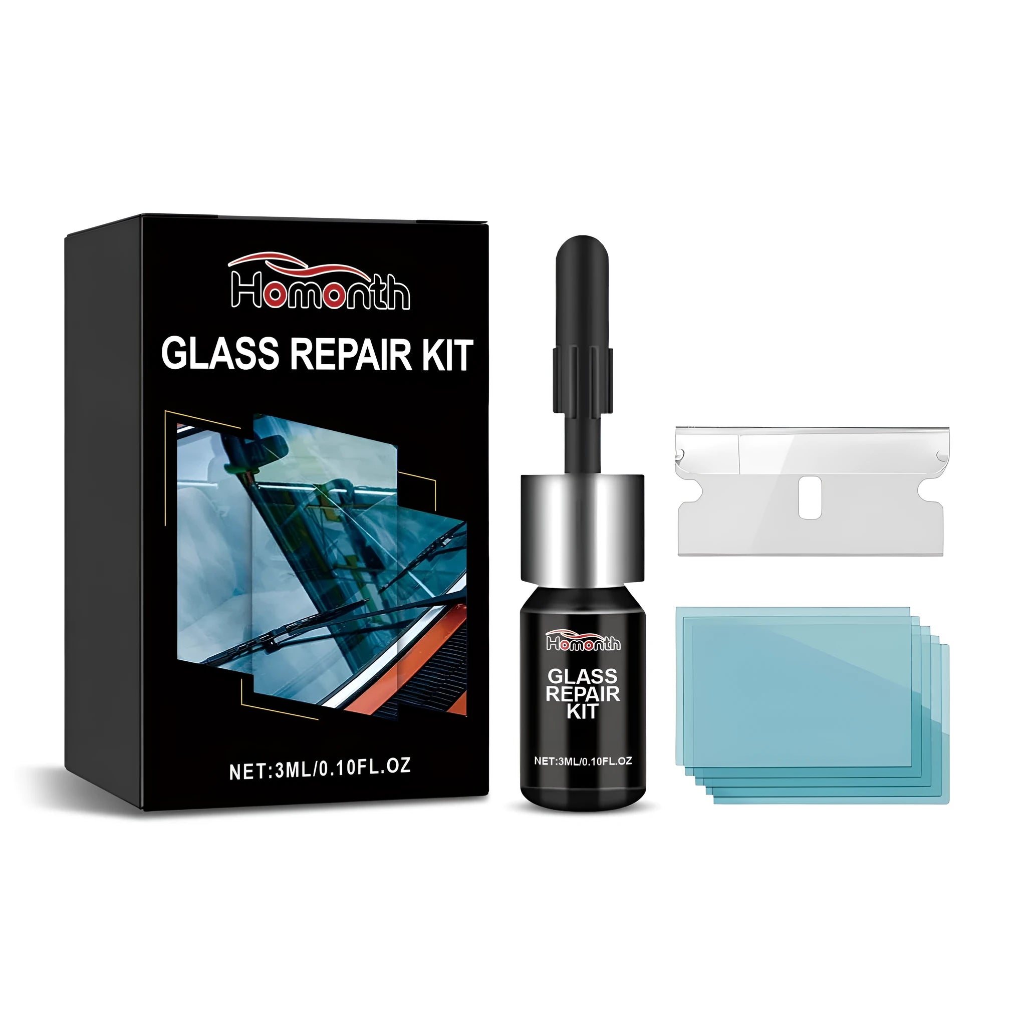 Glass repair kit with 3ml resin bottle, PET blade, and five cured films on a surface