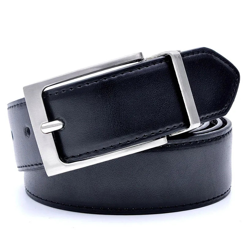 Men's brown and black casual leather belt with rotating pin buckle showing alloy fastener and two-layer cowhide construction