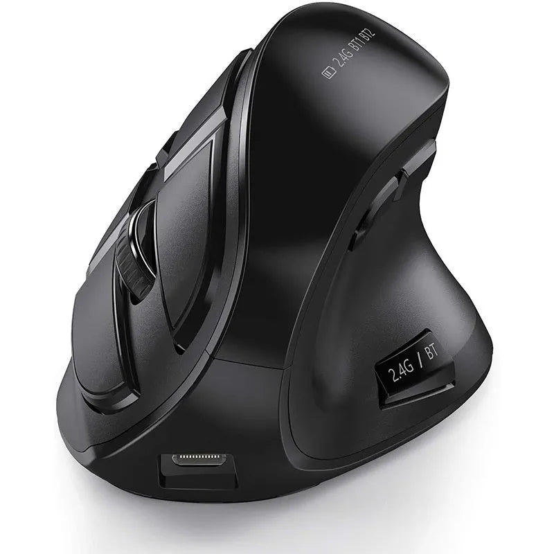 Wireless Bluetooth dual-mode rechargeable optical mouse in black, compact 15x8x5cm size