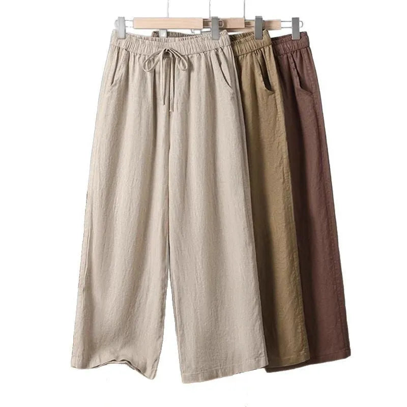 Women's straight-leg casual trousers with drawstring waist in polyester fabric