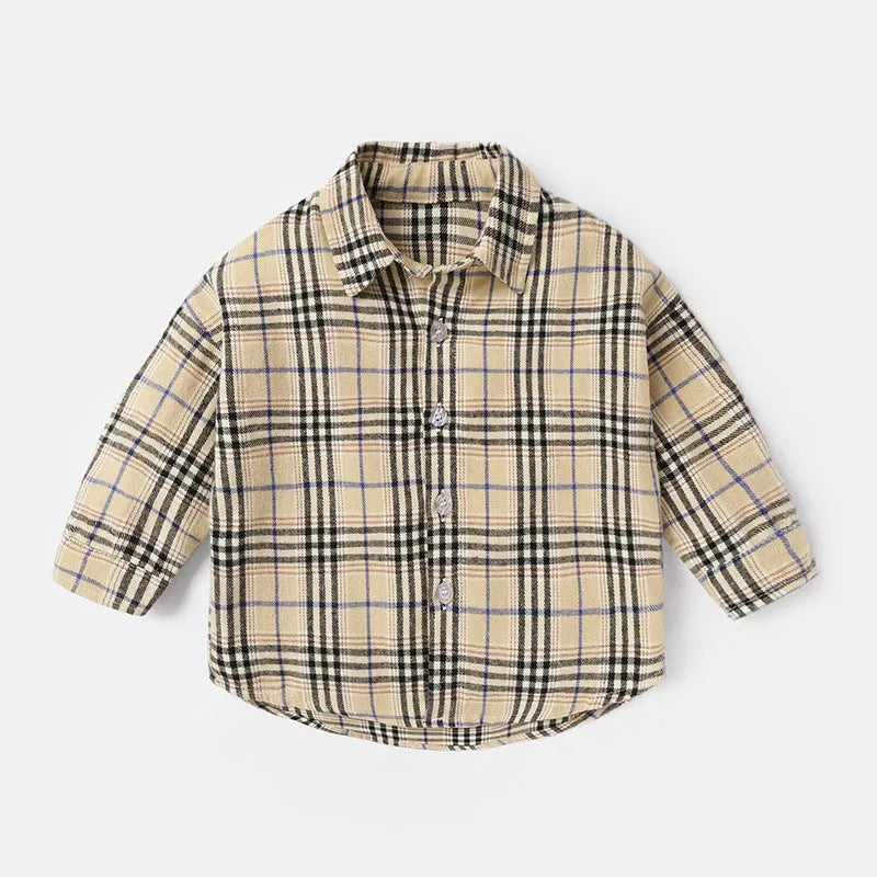 Boys cotton lattice shirt with animal pattern in khaki, blue, pink, or yellow