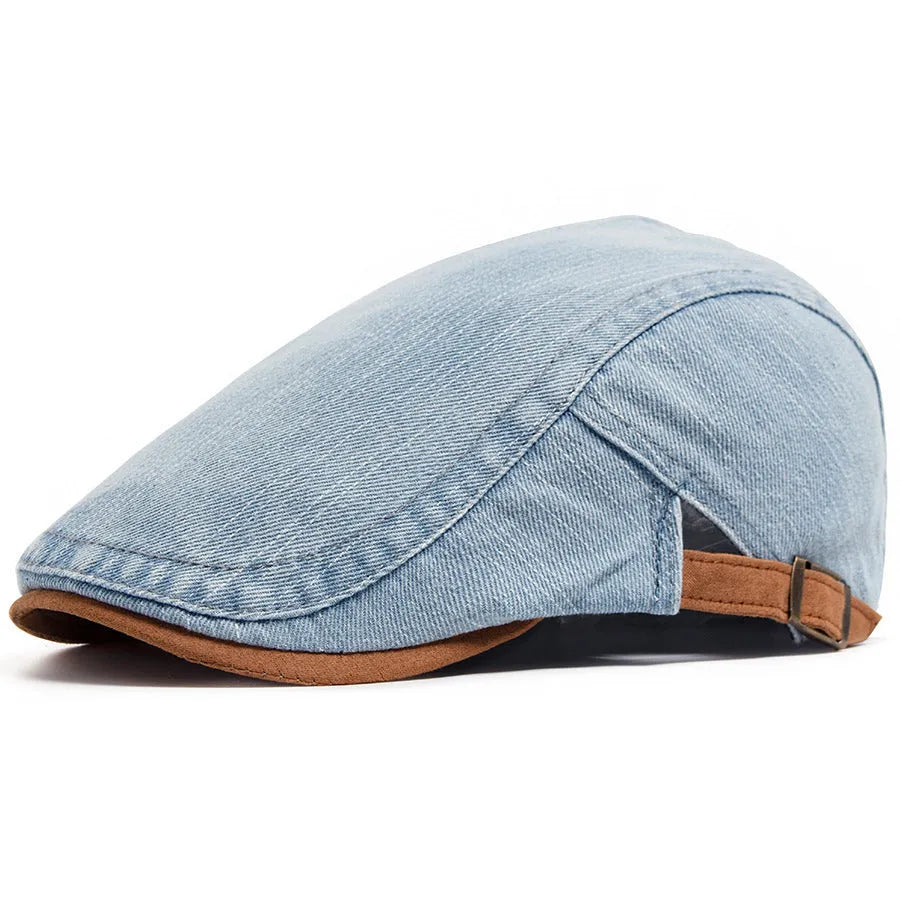 Retro men's casual cotton beret in blue with dome crown and adjustable fit