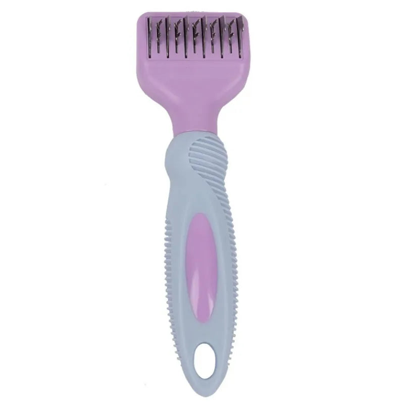 Pink stainless steel dog comb and brush tool with a knot knife edge for pet grooming.