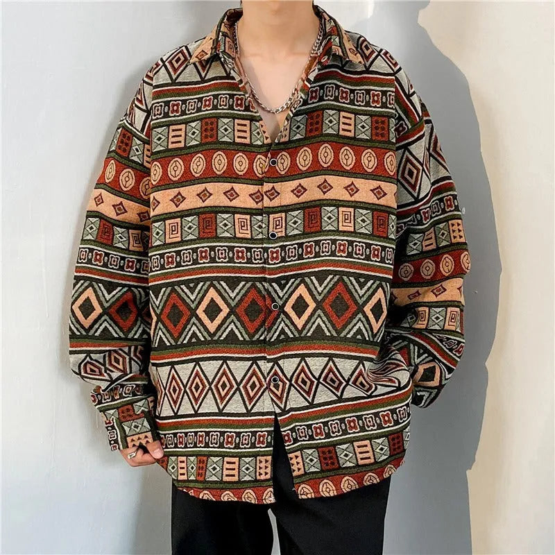 Loose Japanese retro ethnic style couple long sleeve cardigan shirt in brown polyester, front view