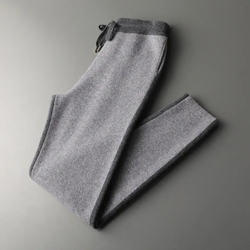 Men's cashmere wool blend cardigan suit with half turtleneck zipper top and matching trousers in winter sports style