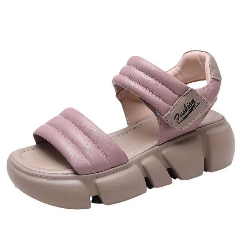 Open toe platform wedge sandals in beige with Velcro strap and rubber sole