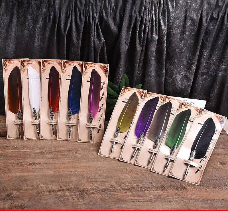 European retro vintage feather dip pen with zinc alloy shell in multiple colour options
