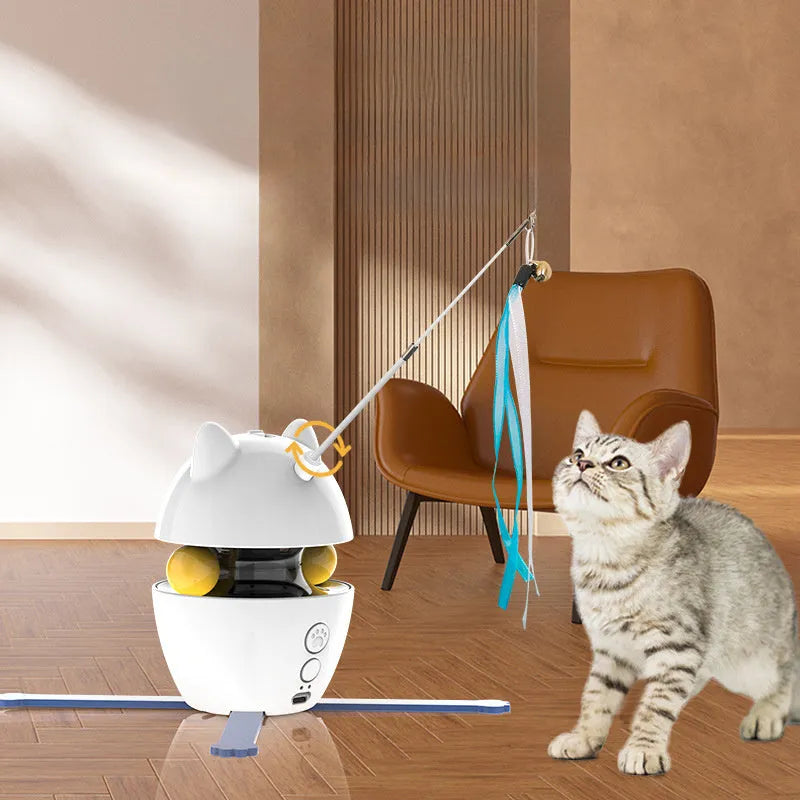 White interactive cat toy with funny stick and elastic rope for indoor cats