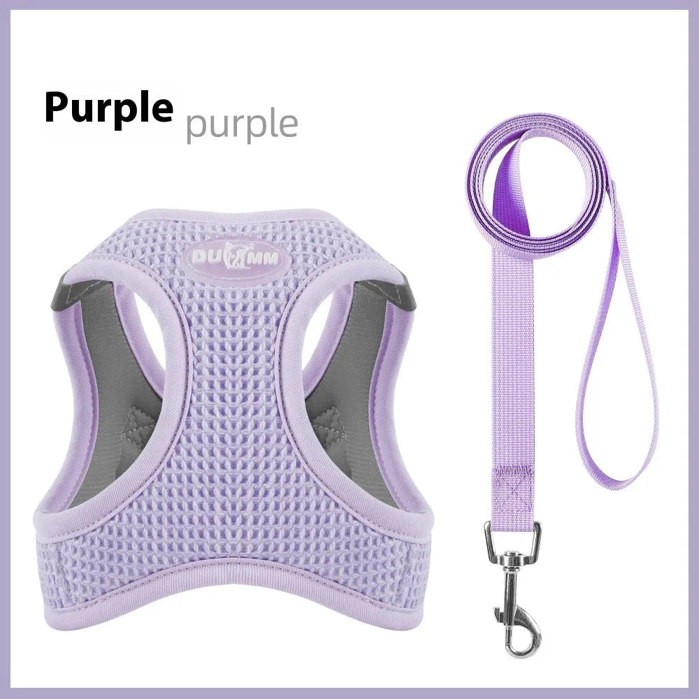 Brown waffle cloth cat harness with integrated pulling rope and chest strap laid flat.