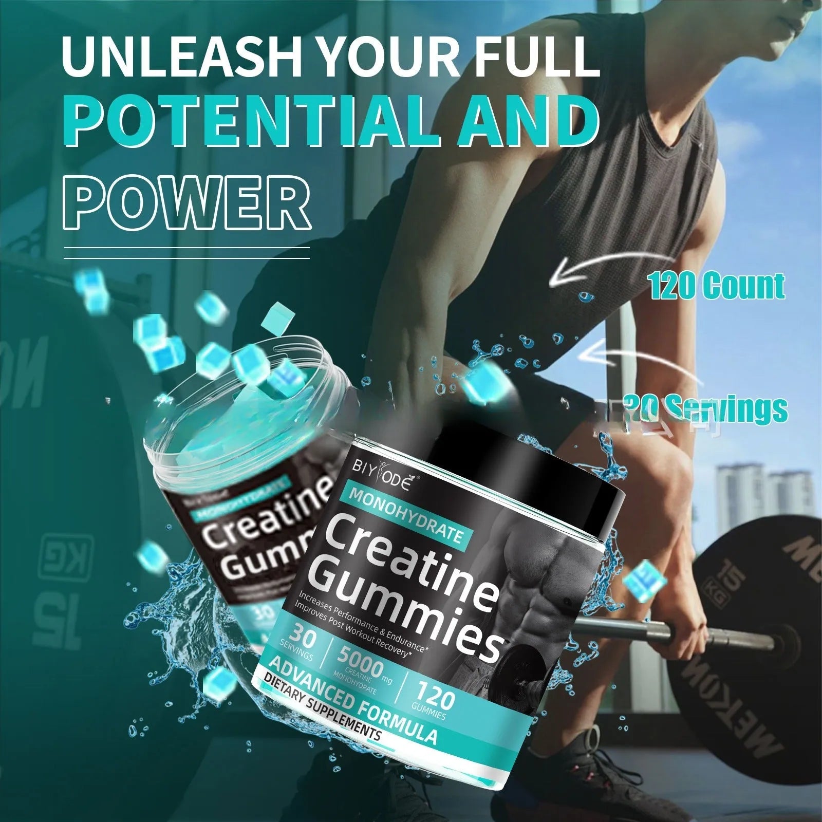 Bottle of water creatine jelly supplement with 120 tablets for men and women sports use