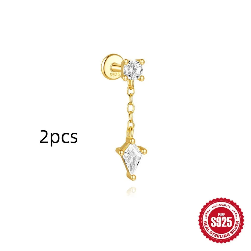 S925 sterling silver geometric kite earring with rhinestones and a chain tassel in a gold colour.