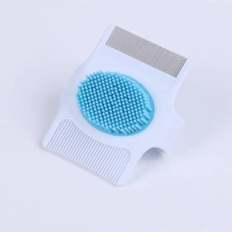 Blue and green multifunctional pet grooming comb with floating hair removal and massage nodes.