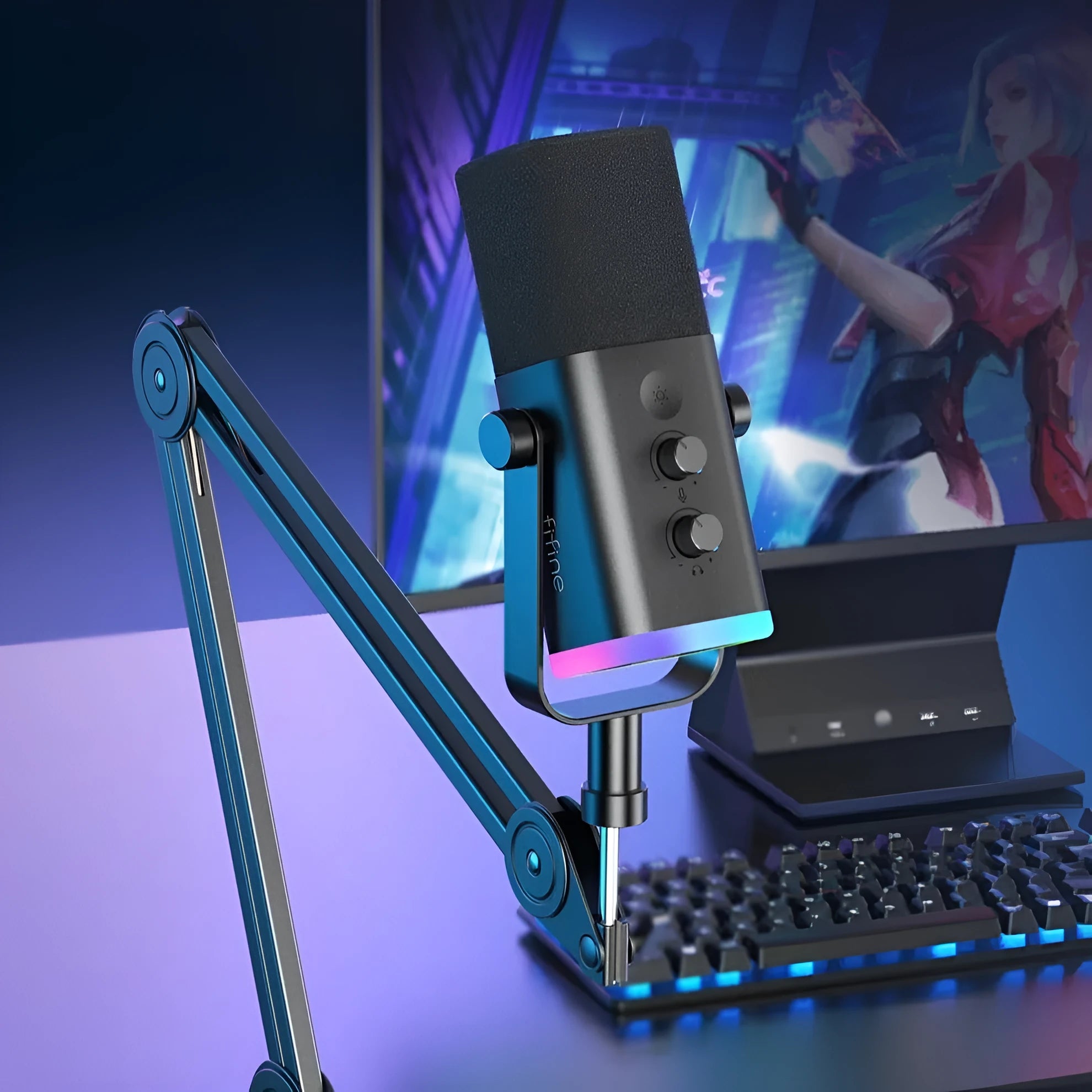 Dynamic noise reduction microphone in black, pink, or white with XLR cable, data cable, and desk base