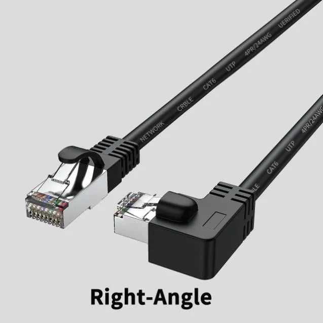 Cat6 Ethernet cable with right-angle RJ45 connector in various colours and lengths