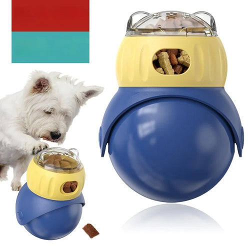 Yellow and blue owl-shaped plastic cat puzzle feeder with a food tumbler mechanism.