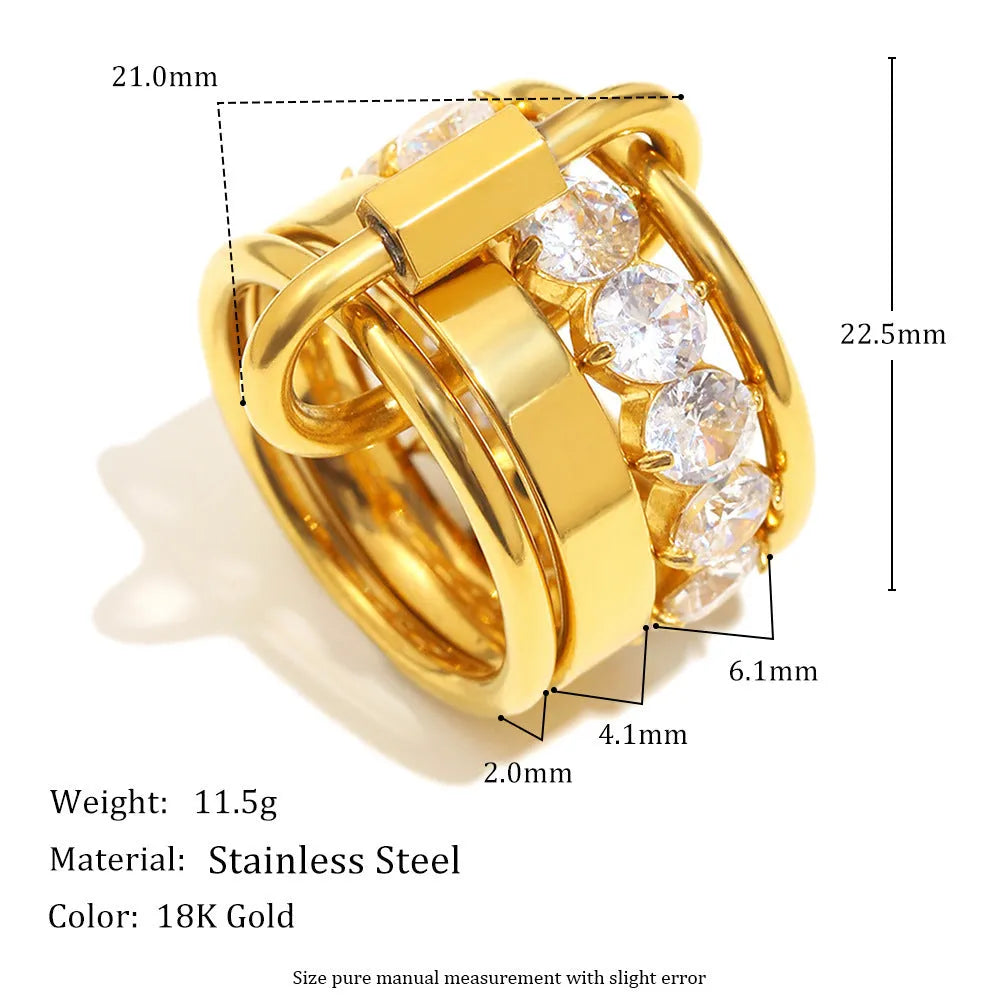Gold multi-layer zircon ring for women in stainless steel, retro style, size No 6 or No 7
