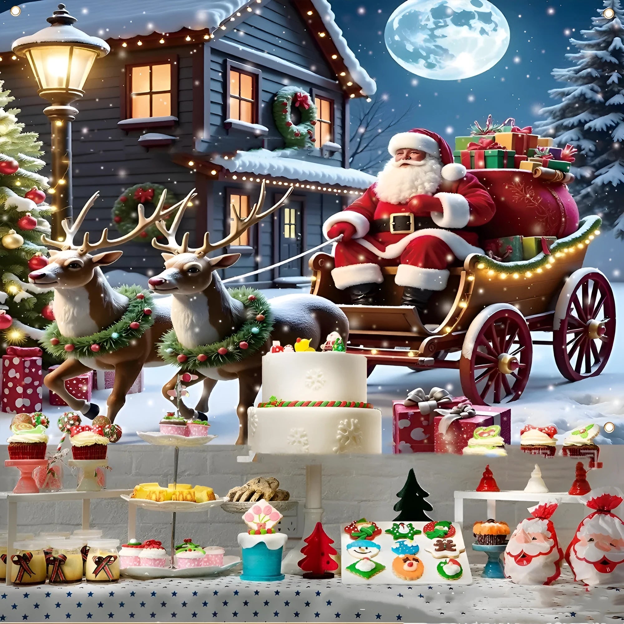 Large red and white Christmas banner with Santa Claus, starry night, and gift box graphics.