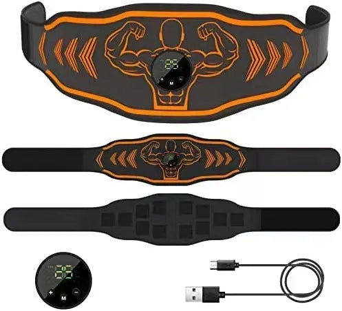 Rechargeable EMS smart massage belt and host unit in blue or orange with arm stickers