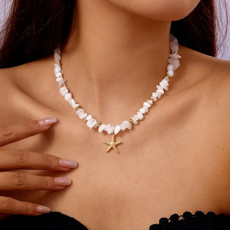 Small gravel starfish pendant necklace choker in pink and white alloy with stone inlay, bohemian geometric style for women