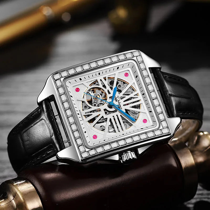 Men's automatic watch with square diamond-studded case and stainless steel bracelet