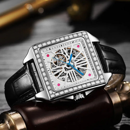 Men's automatic watch with square diamond-studded case and stainless steel bracelet