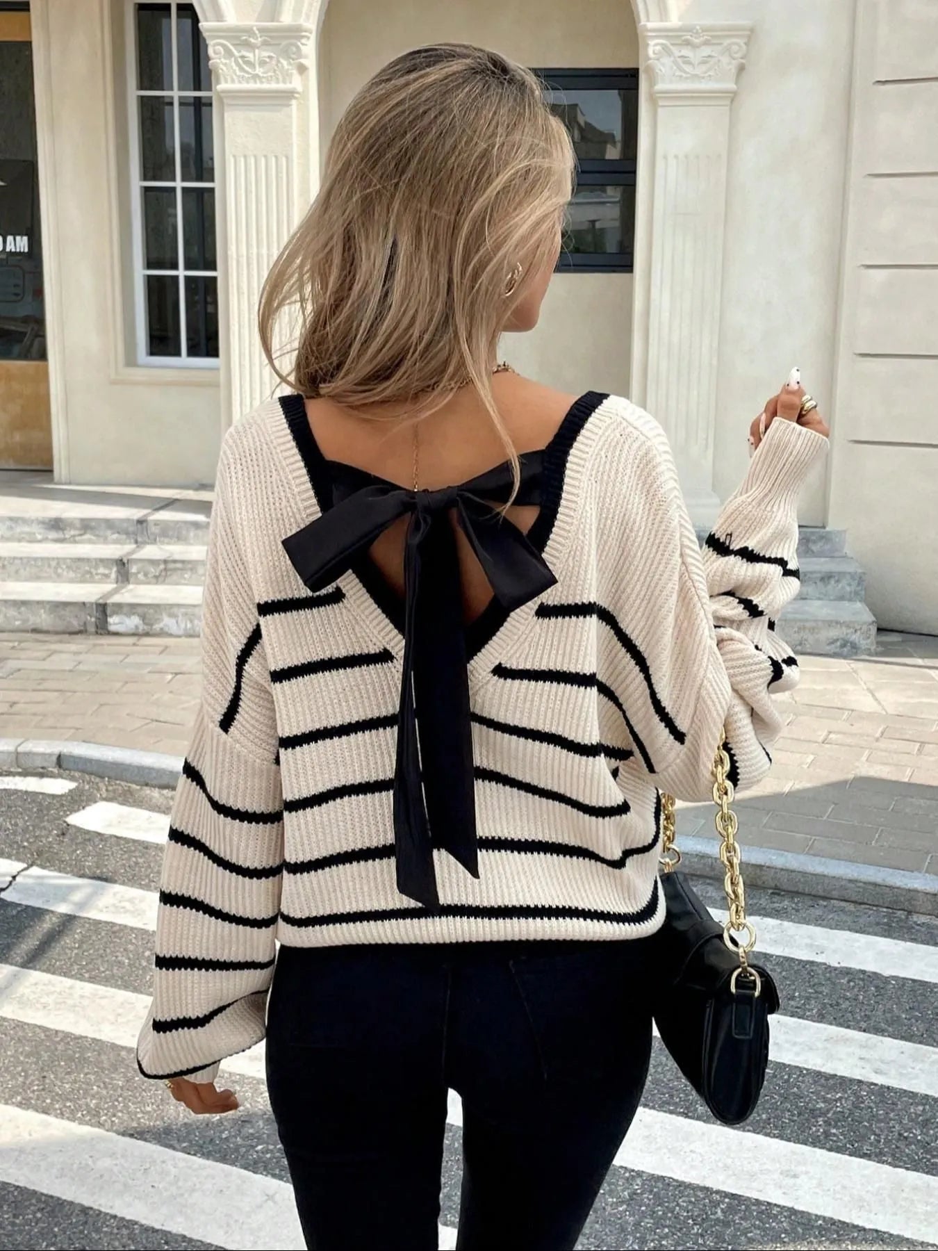 Loose fit striped polyester pullover top in apricot colour, street hipster style, front view
