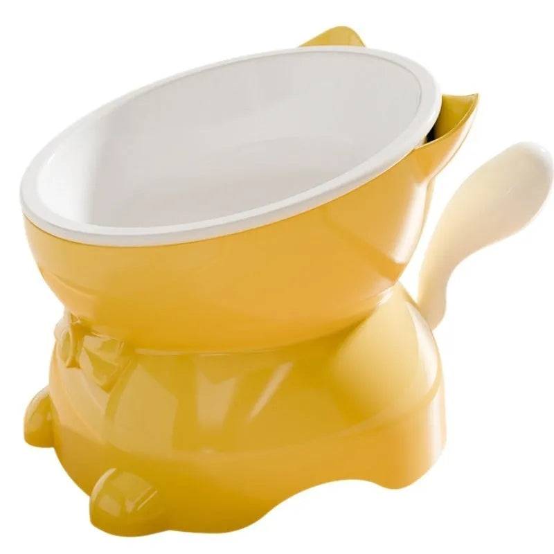 Stainless steel oblique anti-fall cat bowl in black, blue, pink, and yellow colour options