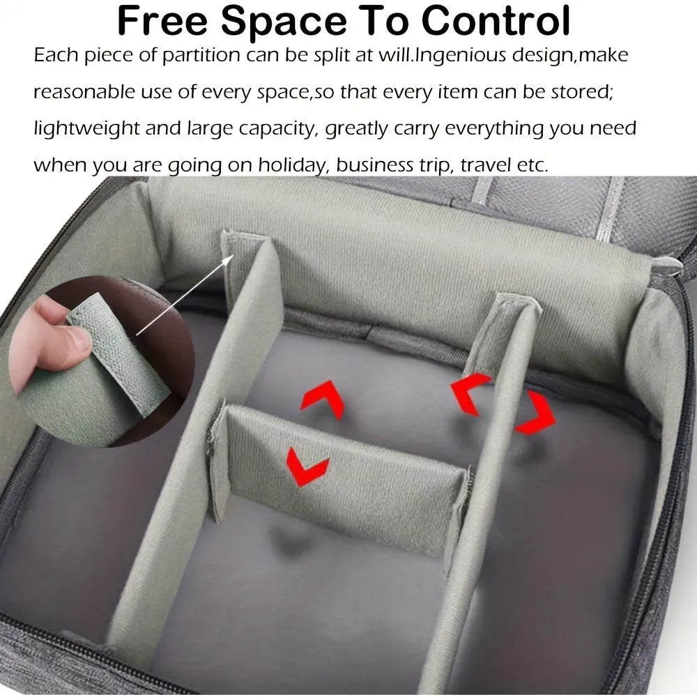 Black waterproof travel cable organiser bag open, showing mesh pockets, elastic loops, and removable padded dividers.